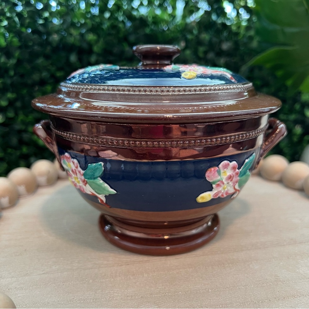 Rare Antique Sarreguemines France Copper Lustre Covered Bowl Art Nouveau Faience